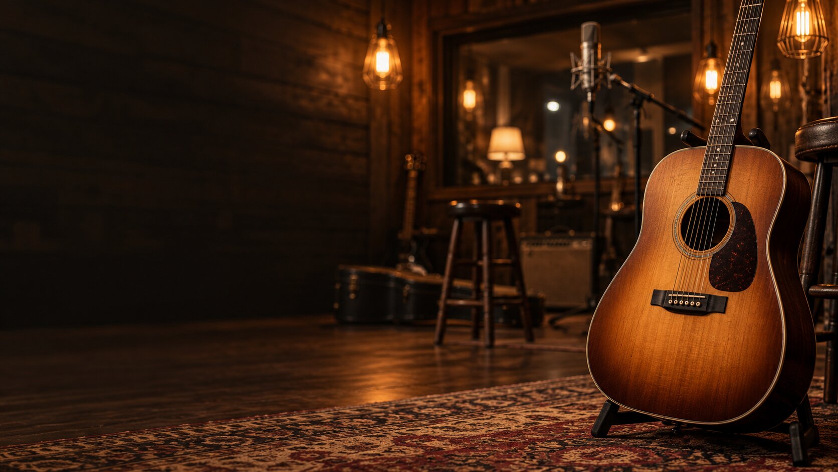 An acoustic guitar and cowboy hat in a warm-lit honky-tonk